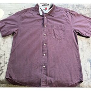 Tommy Hilfiger Mens Button Down Shirt Short Sleeve Red Check Logo